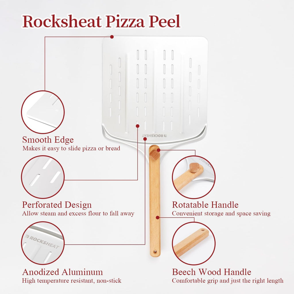 Pizza Cutter Rocker & 12 Inch Rotating Pizza Peel Set - Anodized Aluminum Peel with Wooden Handle, Includes Plastic