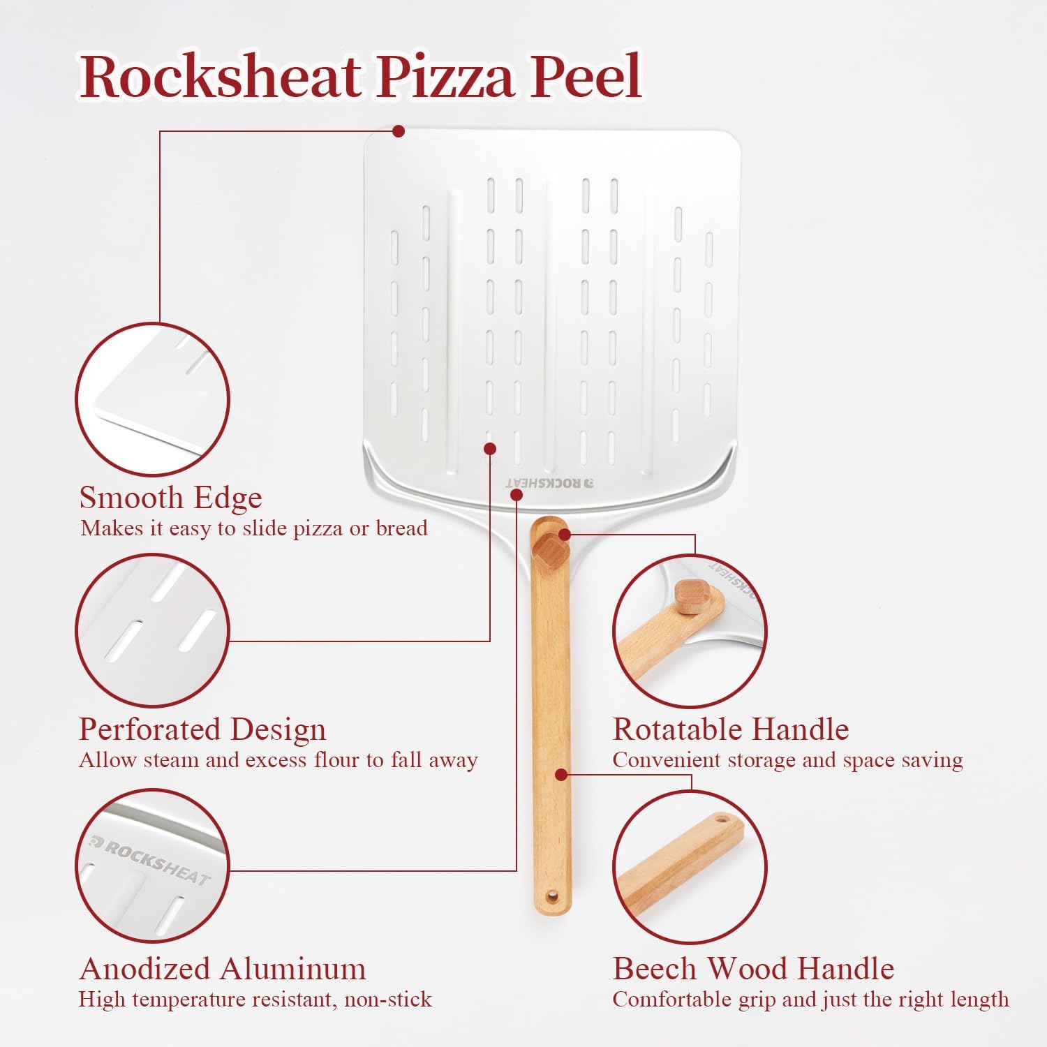 Pizza Cutter Rocker & 12 Inch Rotating Pizza Peel Set - Anodized Aluminum Peel with Wooden Handle, Includes Plastic