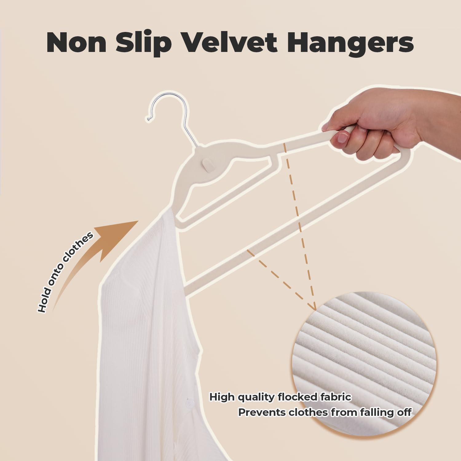 Ivory Velvet Hangers, Stackable Hanger with Non Slip Felt Fabric | Ultra Thin and Space Saving with 360° Swivel Hook