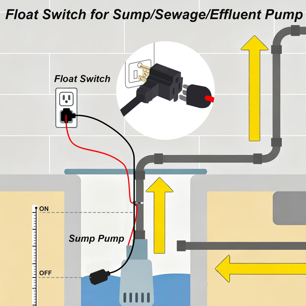 Universal Sump Pump Float Switch with Piggyback Plug and 20ft Cord,13A/125V