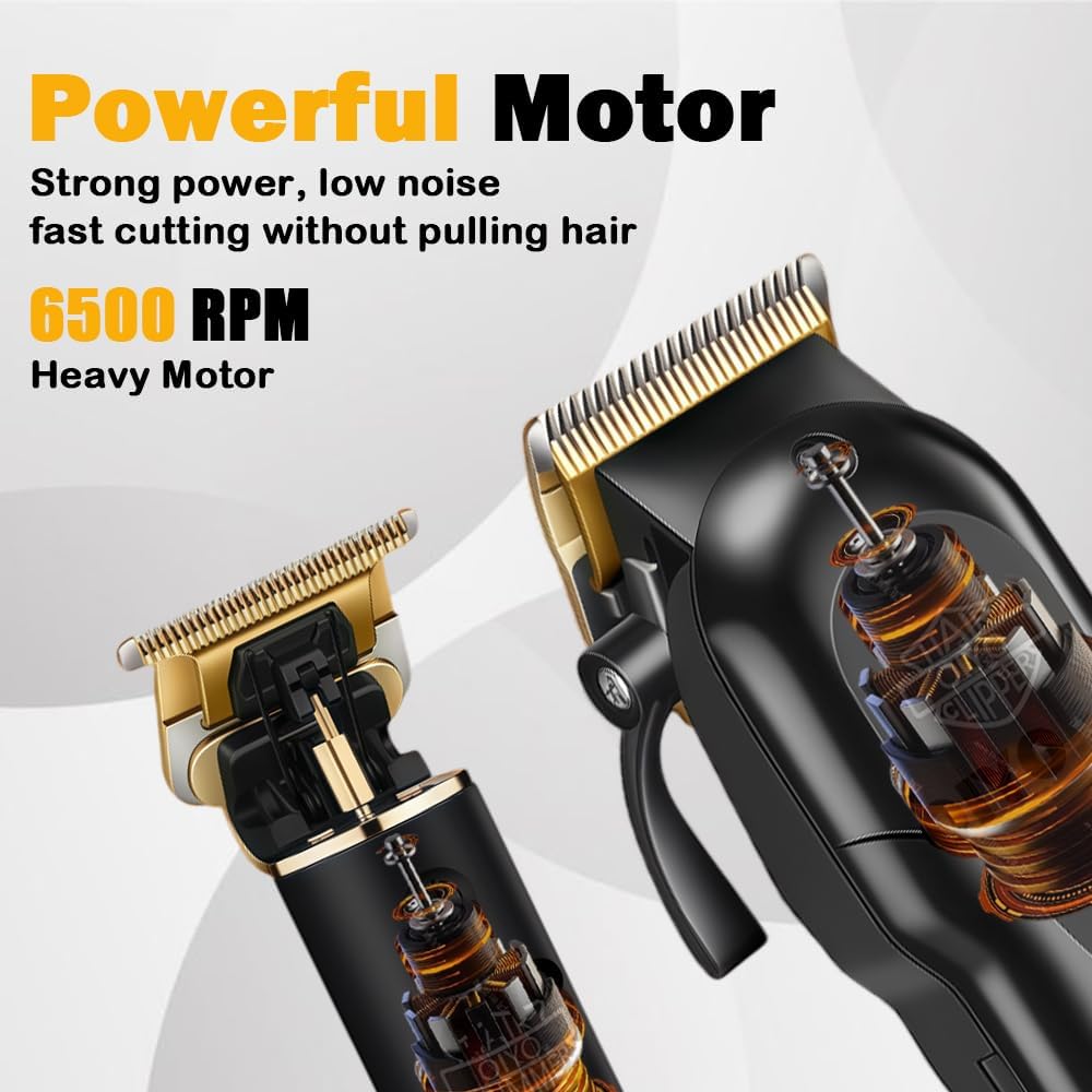Hair Clippers for Men, Cordless Professional Beard Trimmer Set | Golden Stainless Steel Blades, 14 Guide