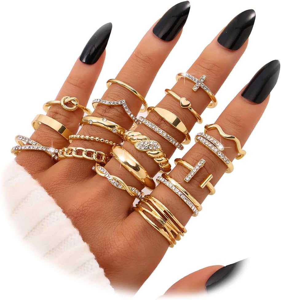 20Pcs Stackable Rings for Women, Gold Black Silver Knuckle Ring Set, Dainty Chunky Statement Rings for Daily Wear