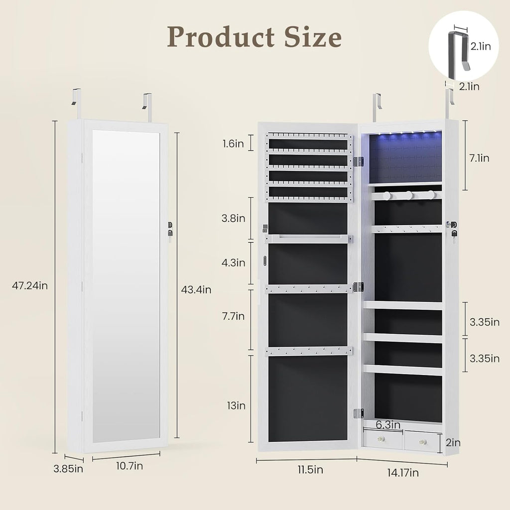 6 LEDs Mirror Jewelry Cabinet, Wall or Door Mounted Jewelry Organizer, 47.2-Inch Tall Lockable Large Capacity