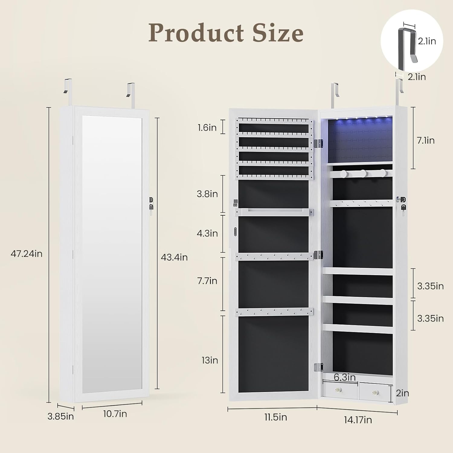 6 LEDs Mirror Jewelry Cabinet, Wall or Door Mounted Jewelry Organizer, 47.2-Inch Tall Lockable Large Capacity
