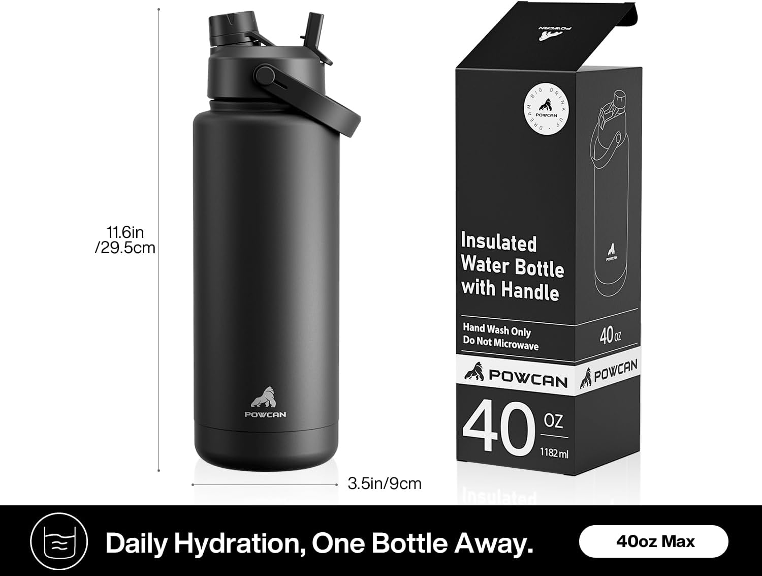 40 oz Insulated Water Bottle with 2-in-1 Straw and Spout Lid, Keep Cold 24H, Leak-Proof, BPA-Free, Double Wall