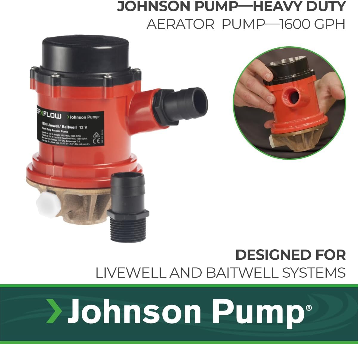 Johnson Pumps 166004B PRO Series 1600 GPH Livewell/Baitwell Aerating Pump, 12V (16004B), Bronze