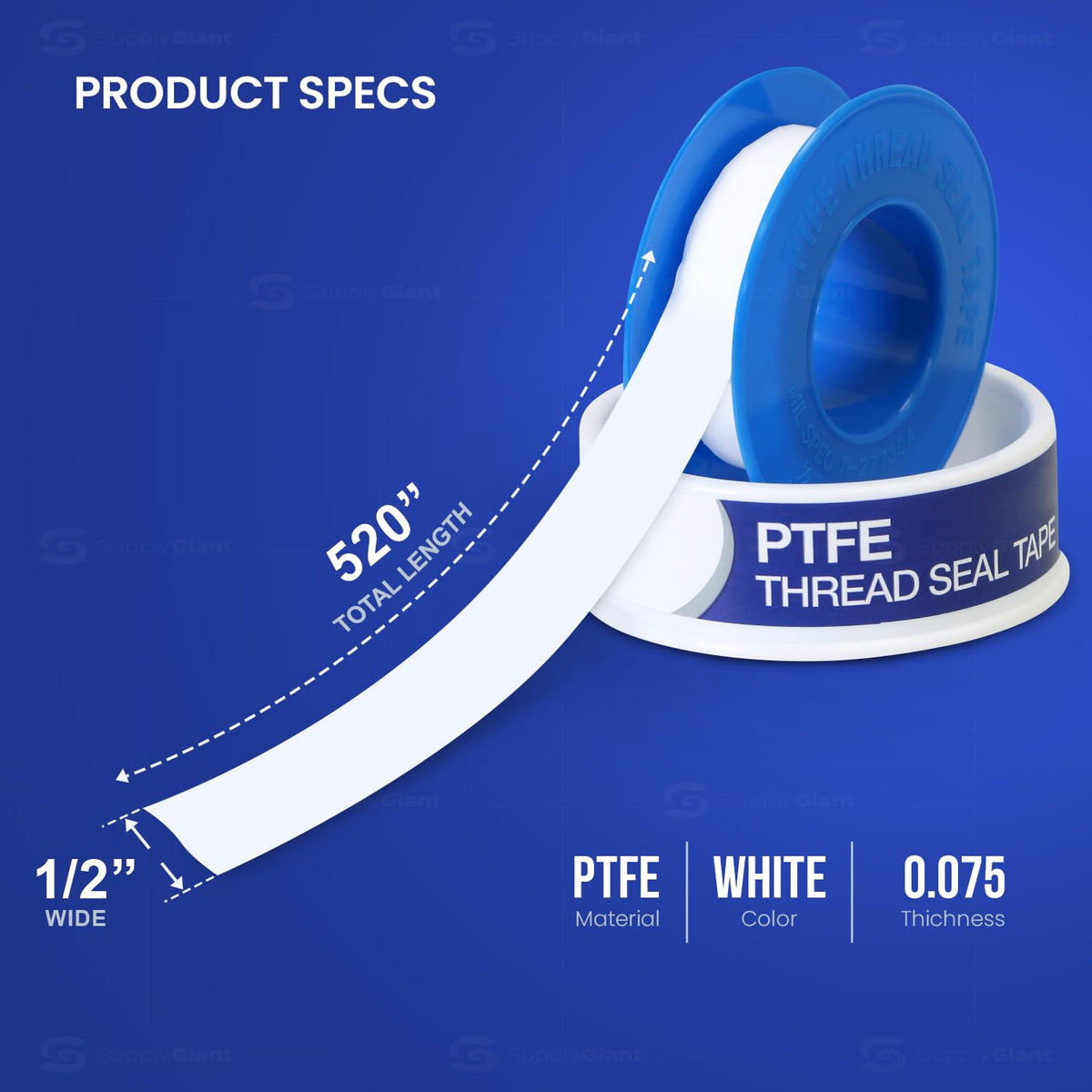 Supply Giant Plumbers PTFE Tape 1/2" W x 520" L Pipe Thread Tape, High Density Thread Sealant Tape Water Seal
