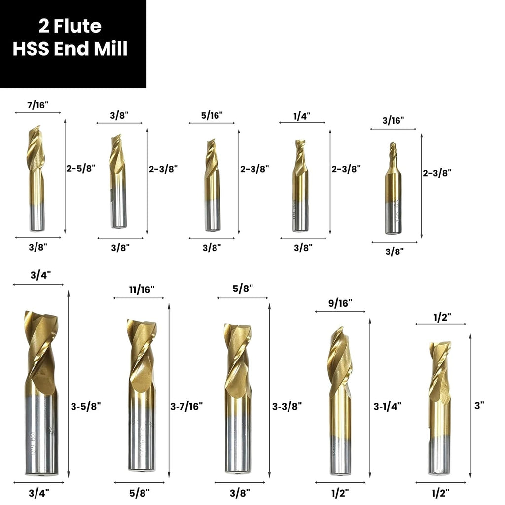 HSS End Mill Set M2, 20 PCS TiN Coated, 3/16"-3/4", 2 & 4 Flute
