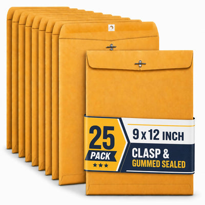 Clasp Envelopes 9x12, 25 Pack Brown Kraft Catalog Envelopes with Metal Clasp and Gummed Closure, Manila Mailing