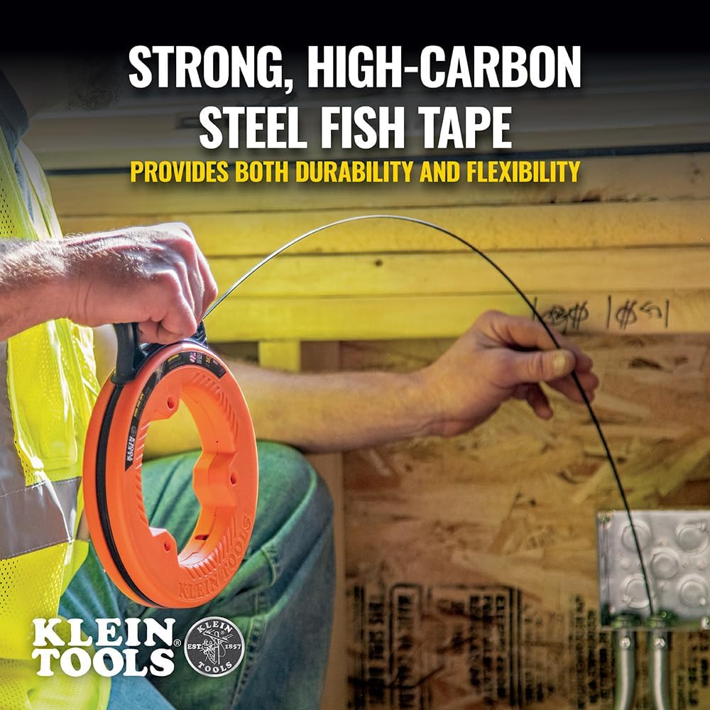 56331 50-Foot Electrical Fish Tape, Steel Wire Puller with Double Loop Tip, Optimized Housing and Handle, 1/8-Inch