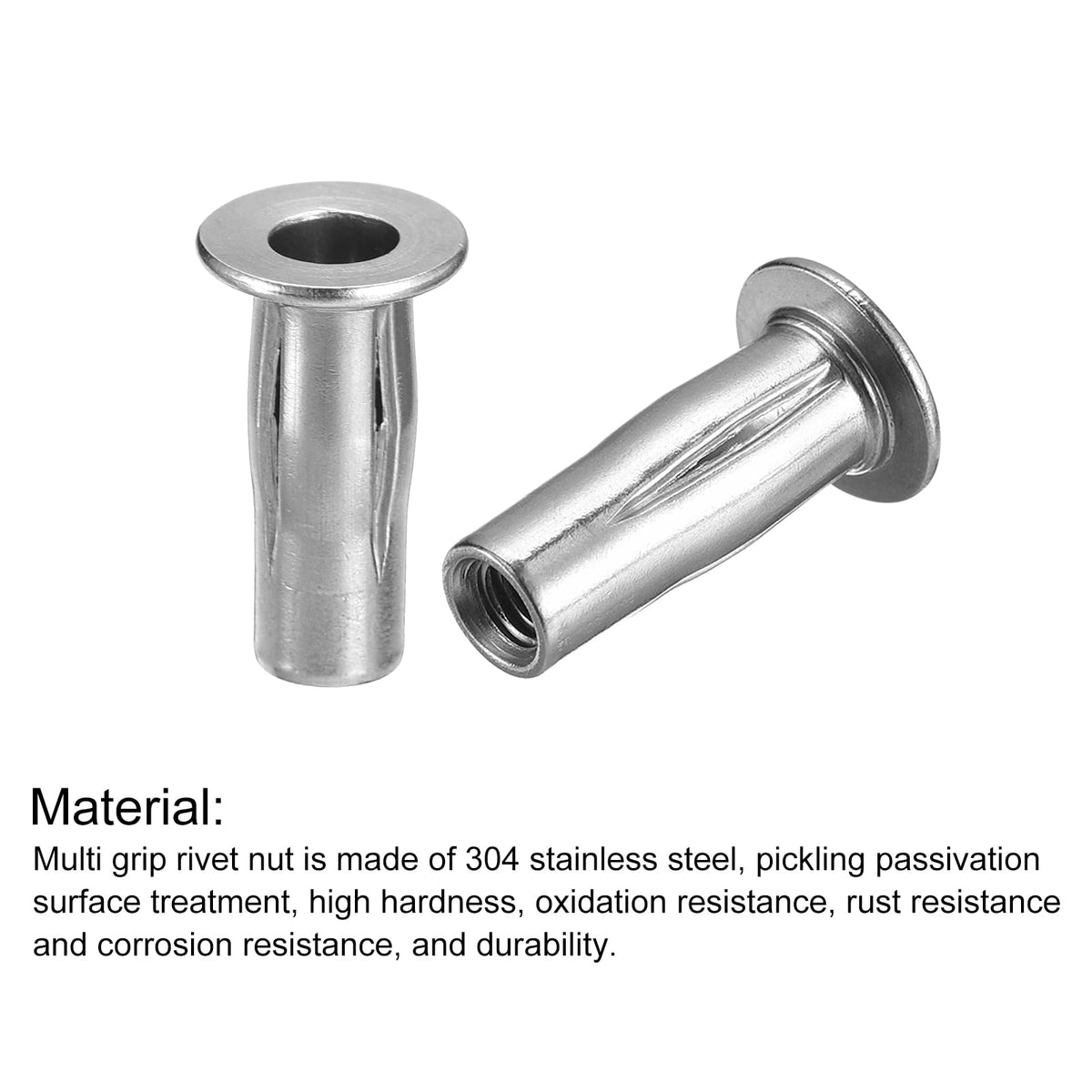 uxcell M5 Multi-Grip Rivet Nuts, 5pcs Pre-Bulbed Shank Flat Head Threaded Insert Nut 304 Stainless Steel Plus Nuts for Construction Industrial