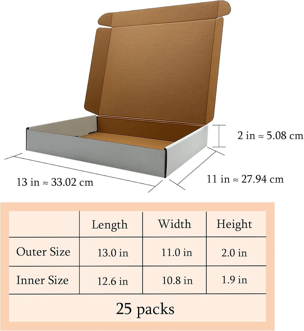 13x11x2 Inch Shipping Boxes Set of 25,White Corrugated Cardboard Mailers