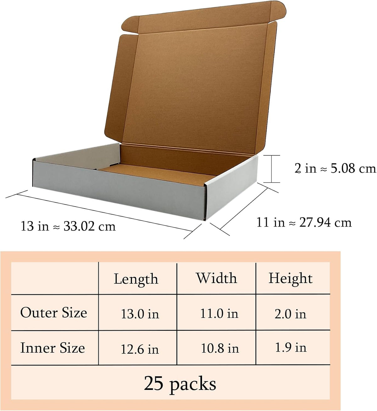 13x11x2 Inch Shipping Boxes Set of 25,White Corrugated Cardboard Mailers