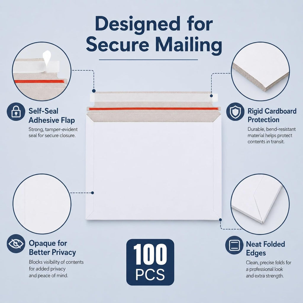 100PCS Stay Flat Mailers, 6x10 Inch Rigid Mailers Cardboard Envelopes, Self-Seal Mailers, White Rigid Shipping