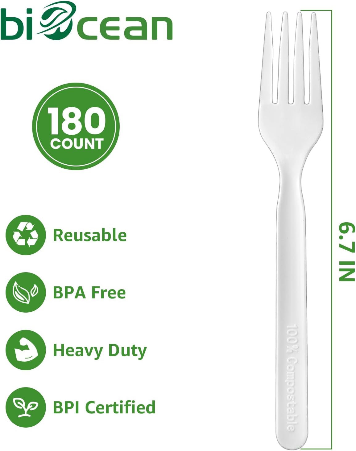 100% Compostable Forks 180 Count Disposable Forks bulk Utensils Set Heavy Duty Fork Silverware Eco Friendly Flatware