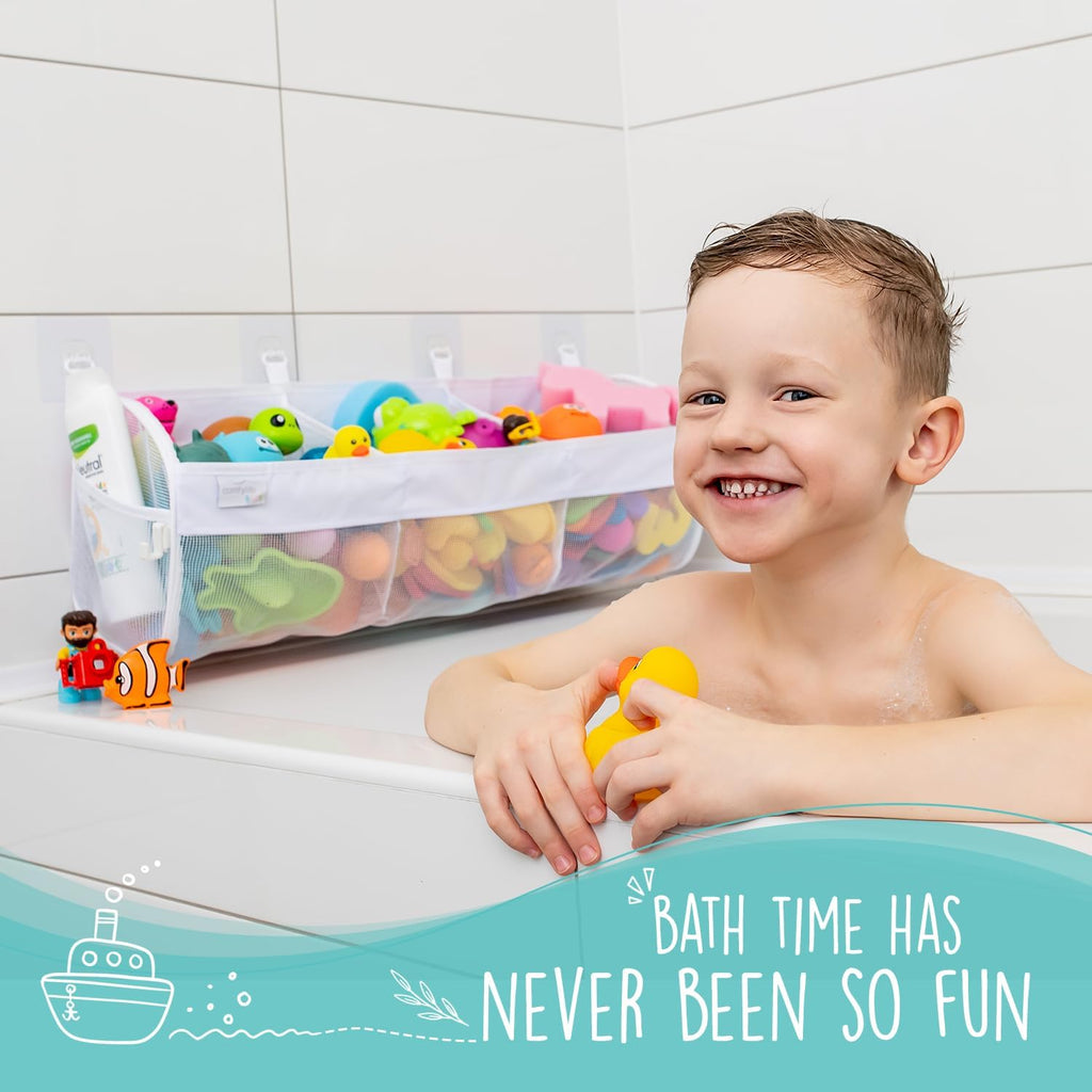 Large Bath Toy Organizer – 3 Compartment Bath Toy Holder for Bathtub & Shower – Quick-Dry Mesh with 4 Strong Adhesive