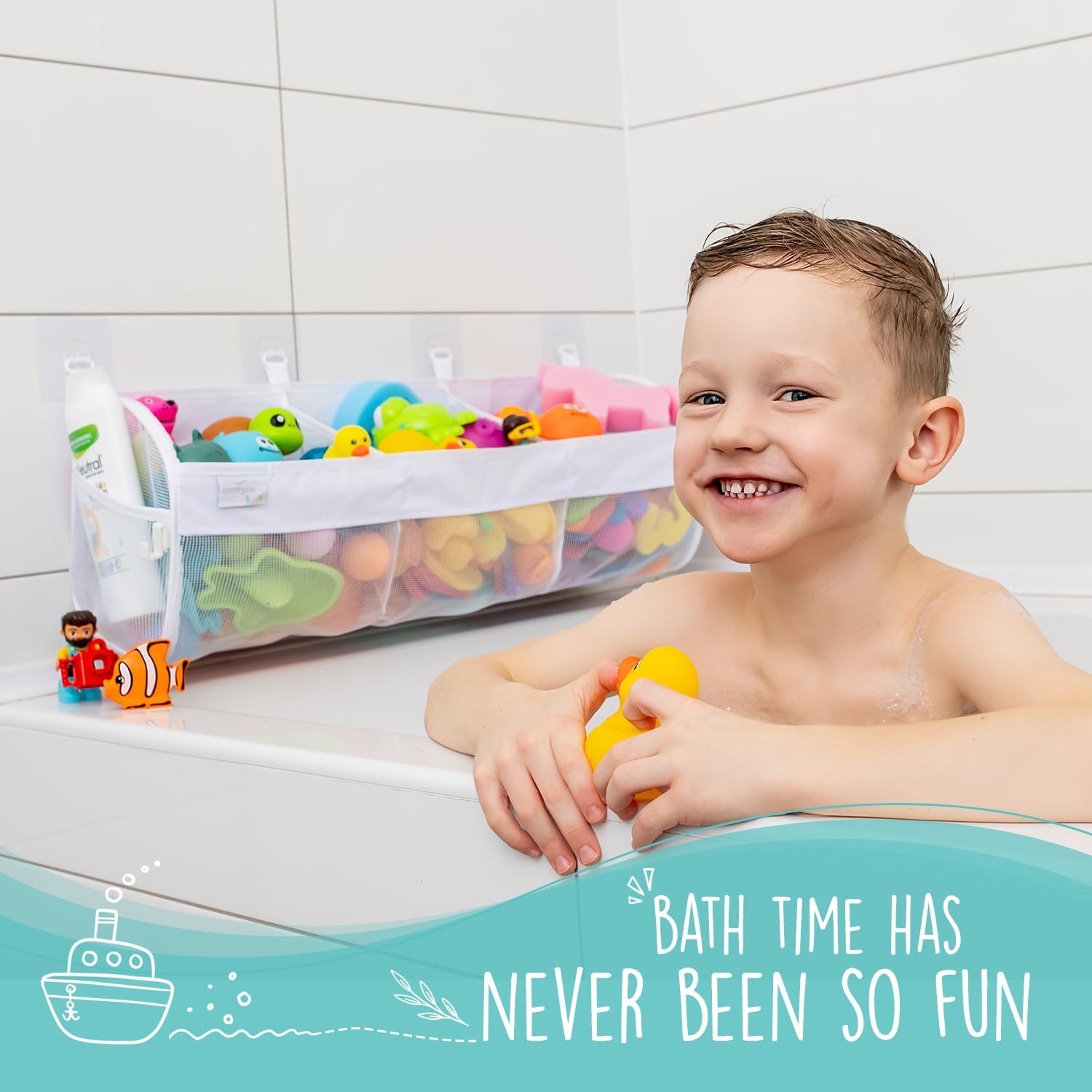 Large Bath Toy Organizer – 3 Compartment Bath Toy Holder for Bathtub & Shower – Quick-Dry Mesh with 4 Strong Adhesive