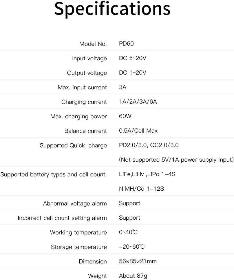 PD60S XT60 Connector 60W 6A Battery Balance Charger Type-C Input for 1-4S Lipo Battery，Life, Lilon, LiHv/Pb/NiMH