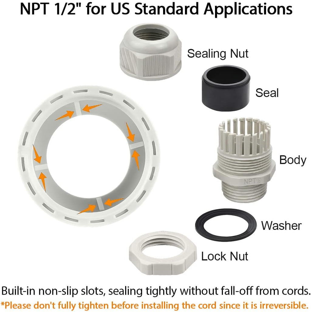 5 Pack NPT 1/2" Cable Glands Waterproof Adjustable 6-12mm Cable Connectors Grey Nylon Joints with Gaskets