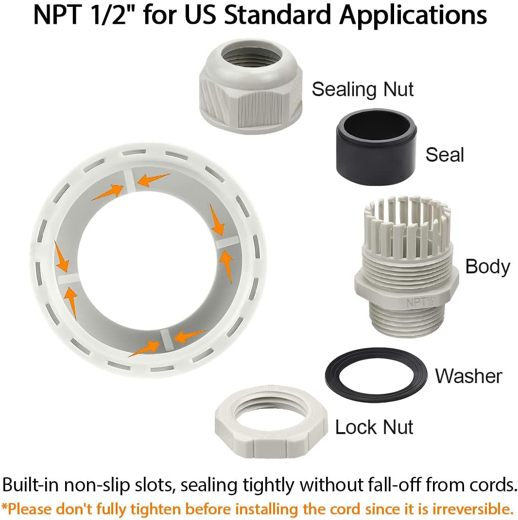 5 Pack NPT 1/2" Cable Glands Waterproof Adjustable 6-12mm Cable Connectors Grey Nylon Joints with Gaskets