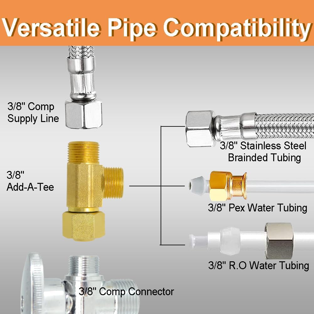TTFLEX 3/8" Compression Tee 4PCS Brass Angle Stop Add-A-Tee for Toilet Sink