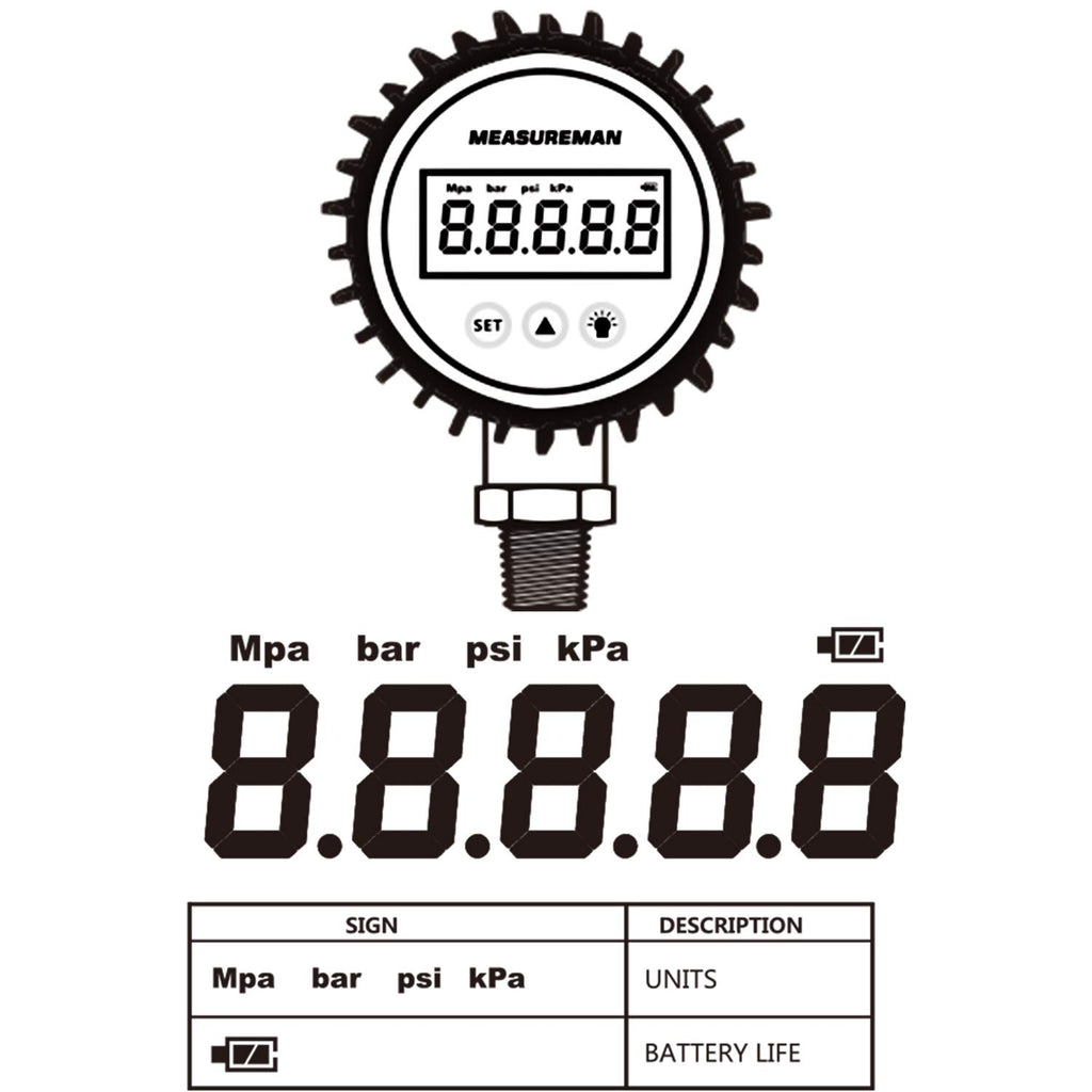 MEASUREMAN 3-1/8" Dial Size, Digital Pressure Gauge, 0-100psi/bar/Mpa/Kpa, 1/4" NPT Lower Mount, 0.25% Accuracy