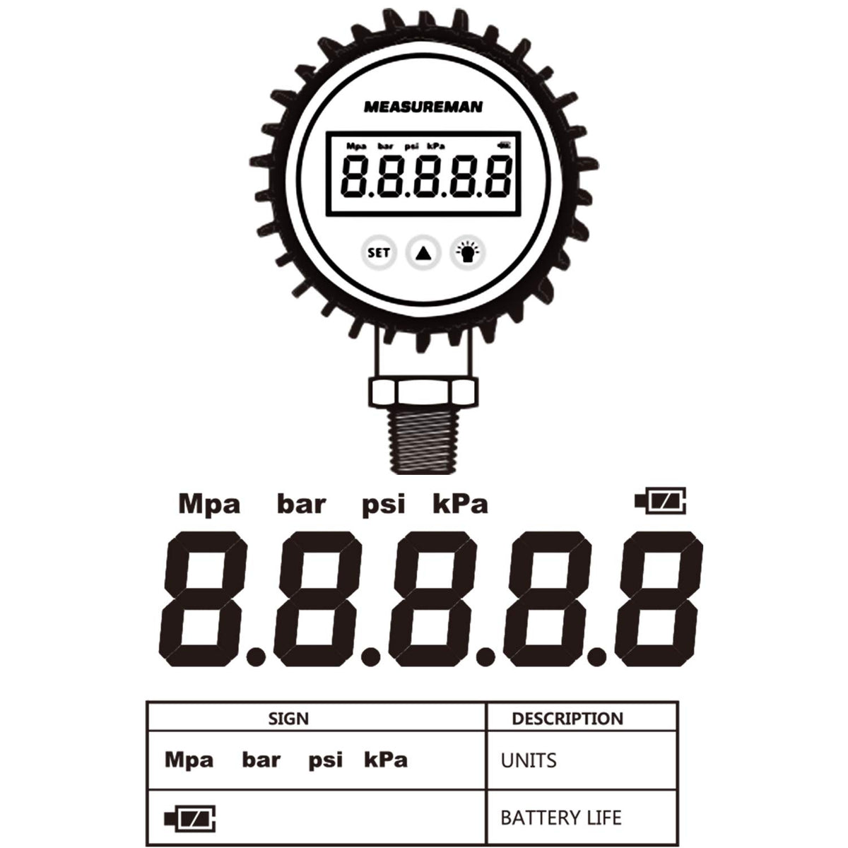 MEASUREMAN 3-1/8" Dial Size, Digital Pressure Gauge, 0-100psi/bar/Mpa/Kpa, 1/4" NPT Lower Mount, 0.25% Accuracy