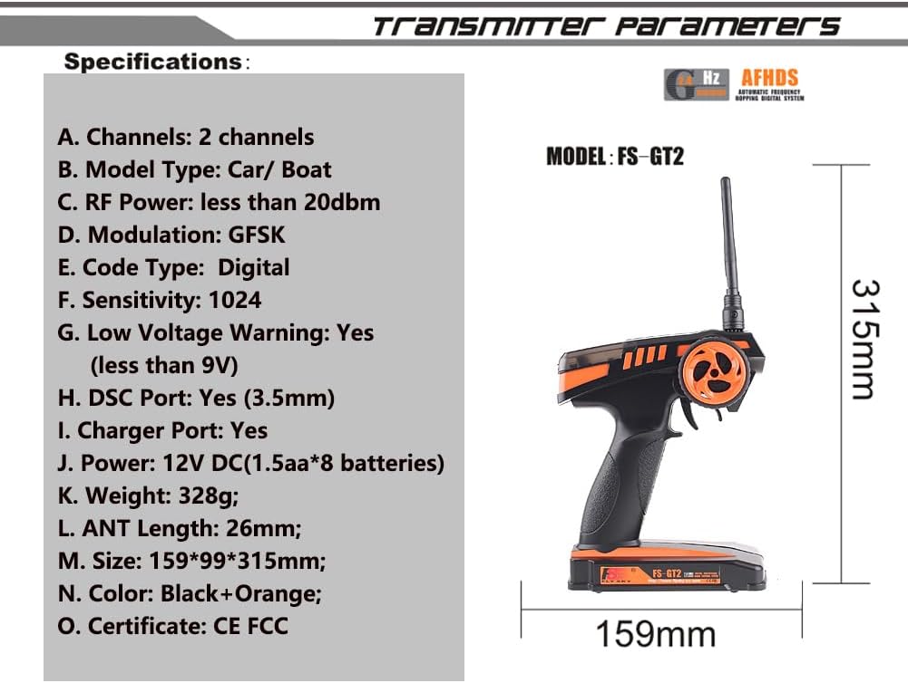 FS-GT2 RC Transmitter with FS-GR3E Receiver, 2.4GHz 2 Channel Digital Radio Controler and Receiver for RC Car Boat