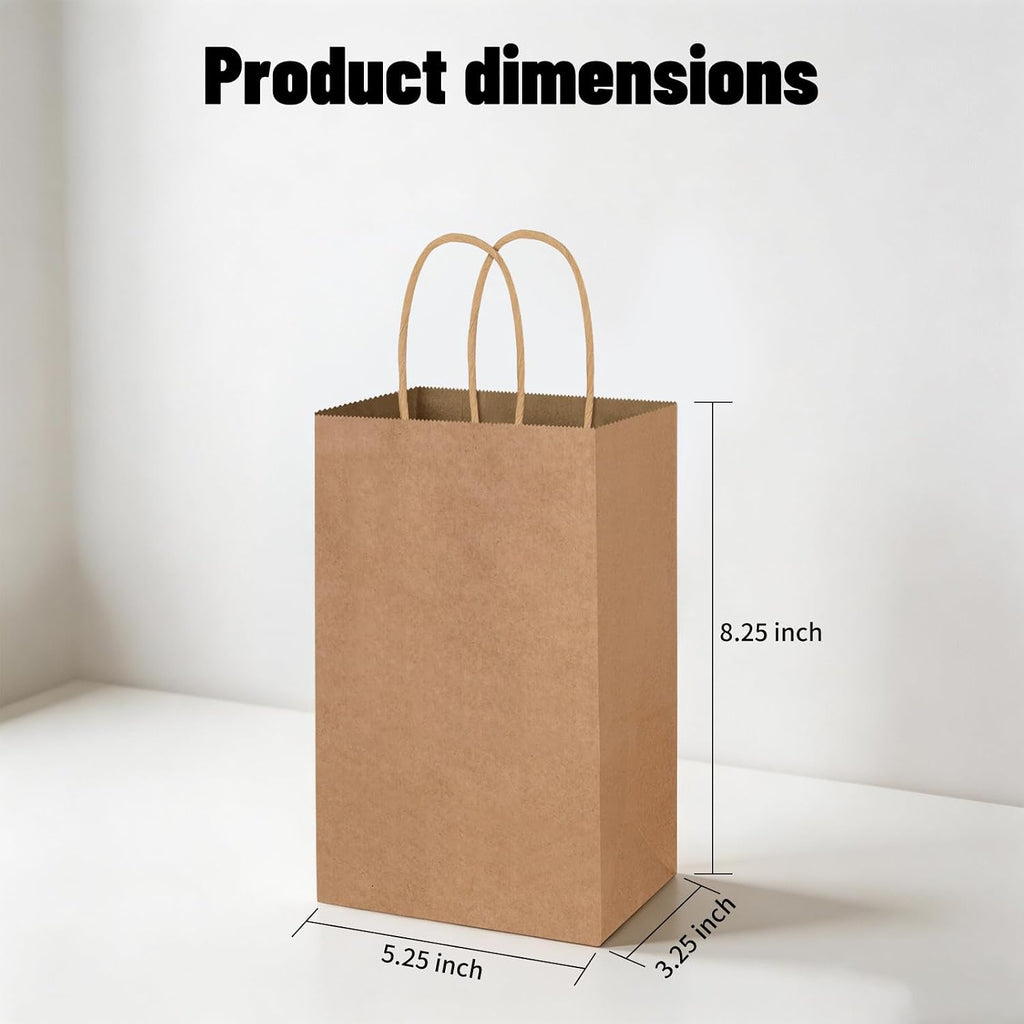 50 Pack 5.25x3.25x8.25 Inch Small Brown Gift Bags with Handles Bulk for Birthday Party Favors Grocery Retail Shopping