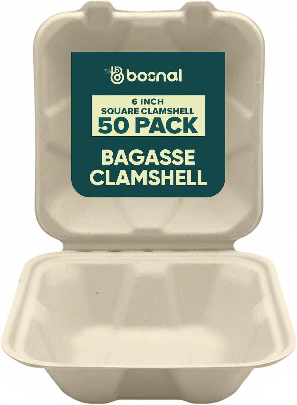 6 Inch Compostable Square Clamshell Containers – 50 Pcs, 100% Plant-Based Sugarcane Bagasse, Eco-Friendly Takeout