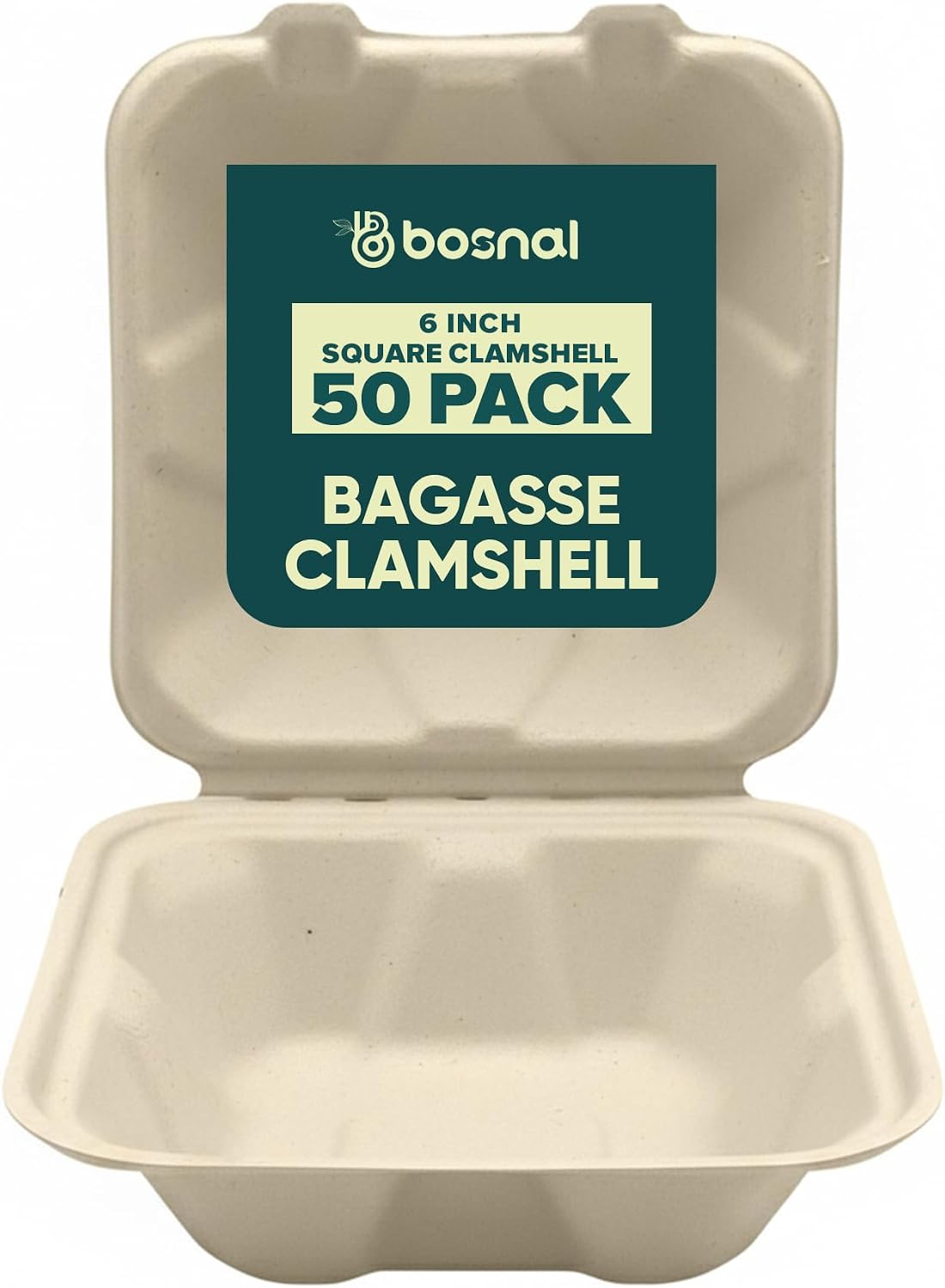 6 Inch Compostable Square Clamshell Containers – 50 Pcs, 100% Plant-Based Sugarcane Bagasse, Eco-Friendly Takeout