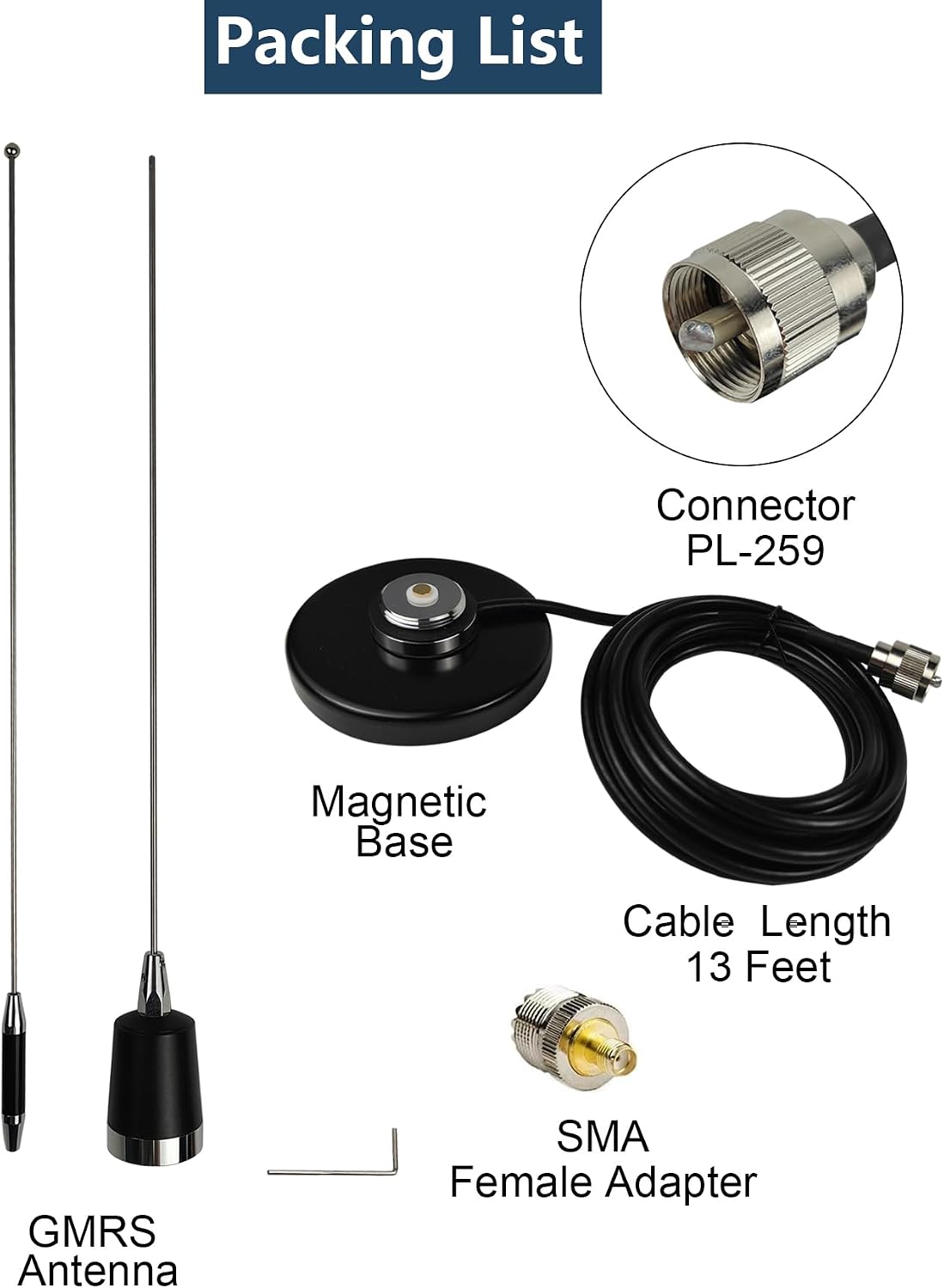GMRS NMO Antenna 462-467Mhz UHF Mobile Whip Antenna with Magnetic Base 13ft RG58 Cable PL-259 SMA Female Connector