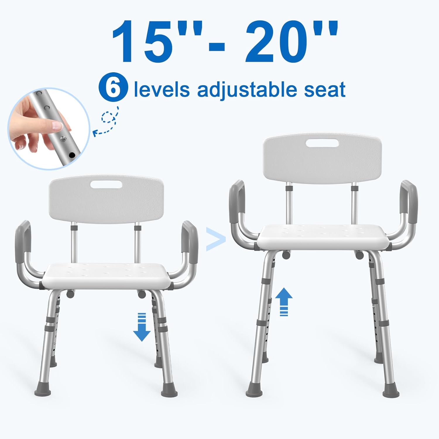 Shower Chair for Inside Shower with Arms and Back, 500 lbs Heavy Duty Shower Seat for Bathtub, Height Adjustable
