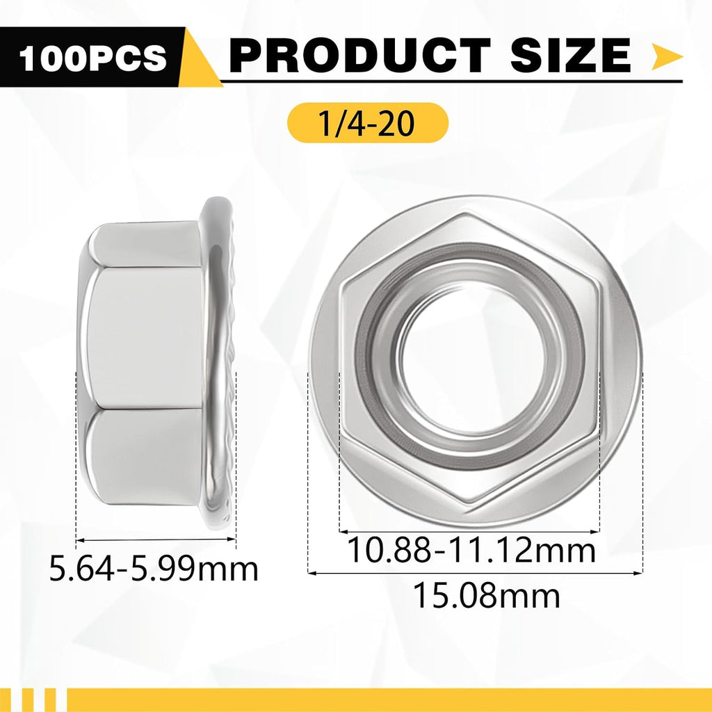 100 Pcs 1/4-20 Flange Nuts, 1/4-20 Serrated Hex Flange Lock Nuts