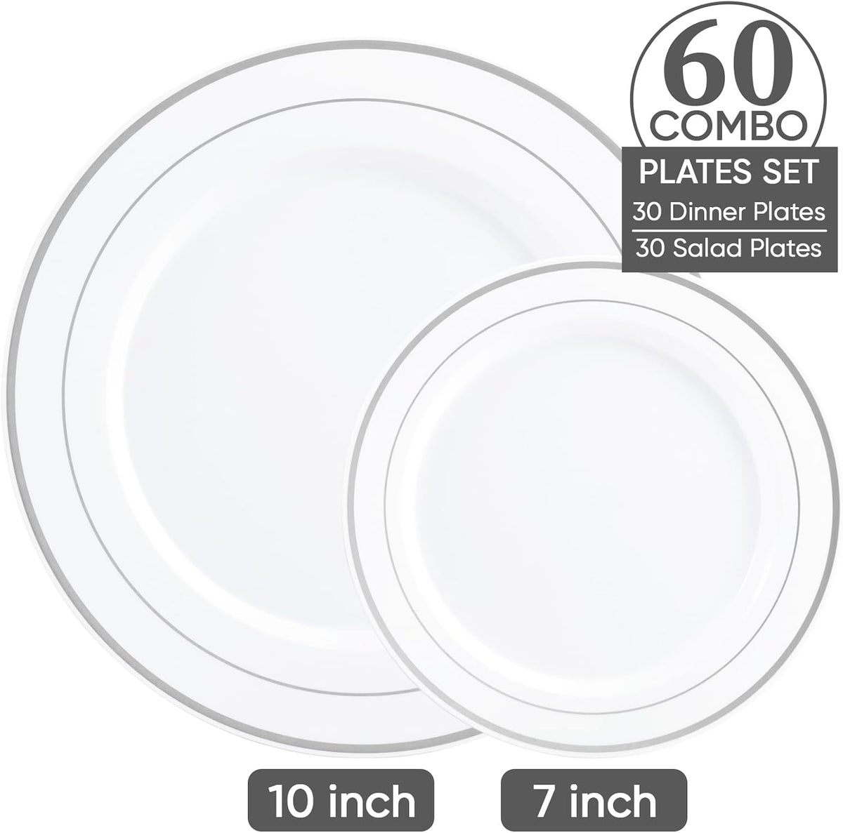 Silver Plastic Plates Set of 60,Disposable Plates with Silver Rim