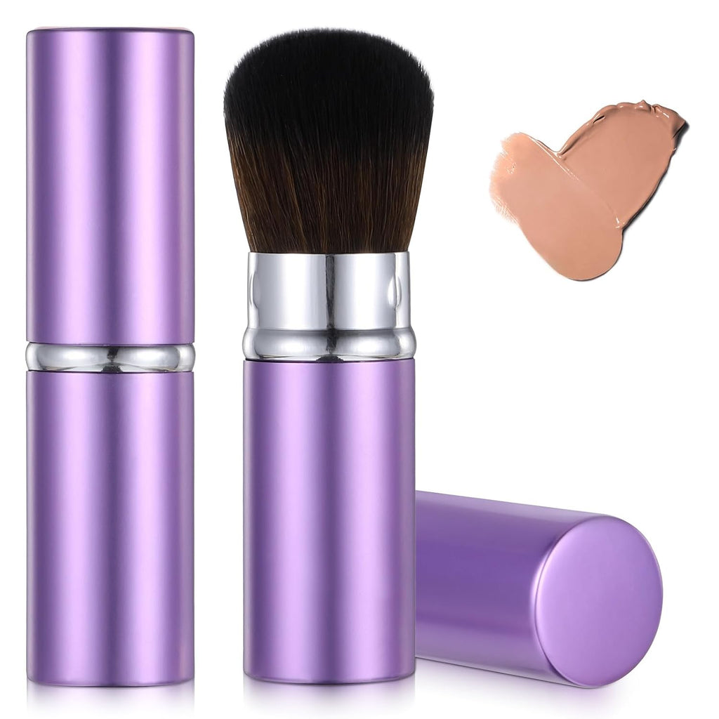 Portable Retractable Blusher Brush with Cover, 2 Pack Travel Kabuki Bronzer Makeup Brushes Liquid Cream Foundation