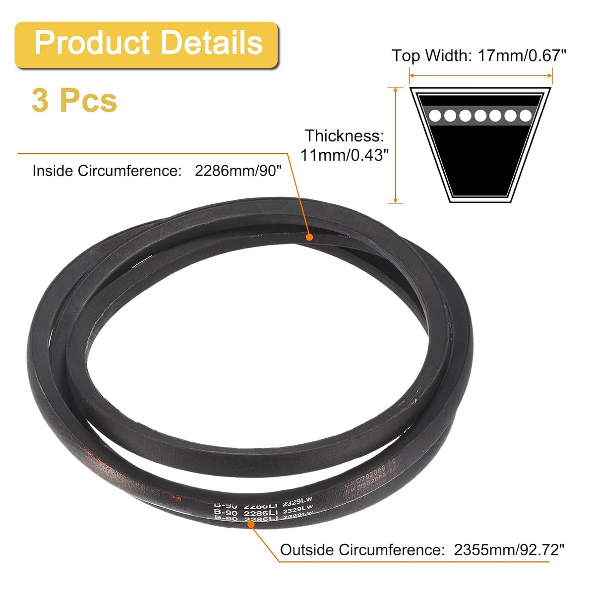 Uxcell 3 Pack B90 Classic V-Belt, 93" Outside Circumference, Black, Industrial Rubber V-Belt, B Profile, for Machinery Equipment