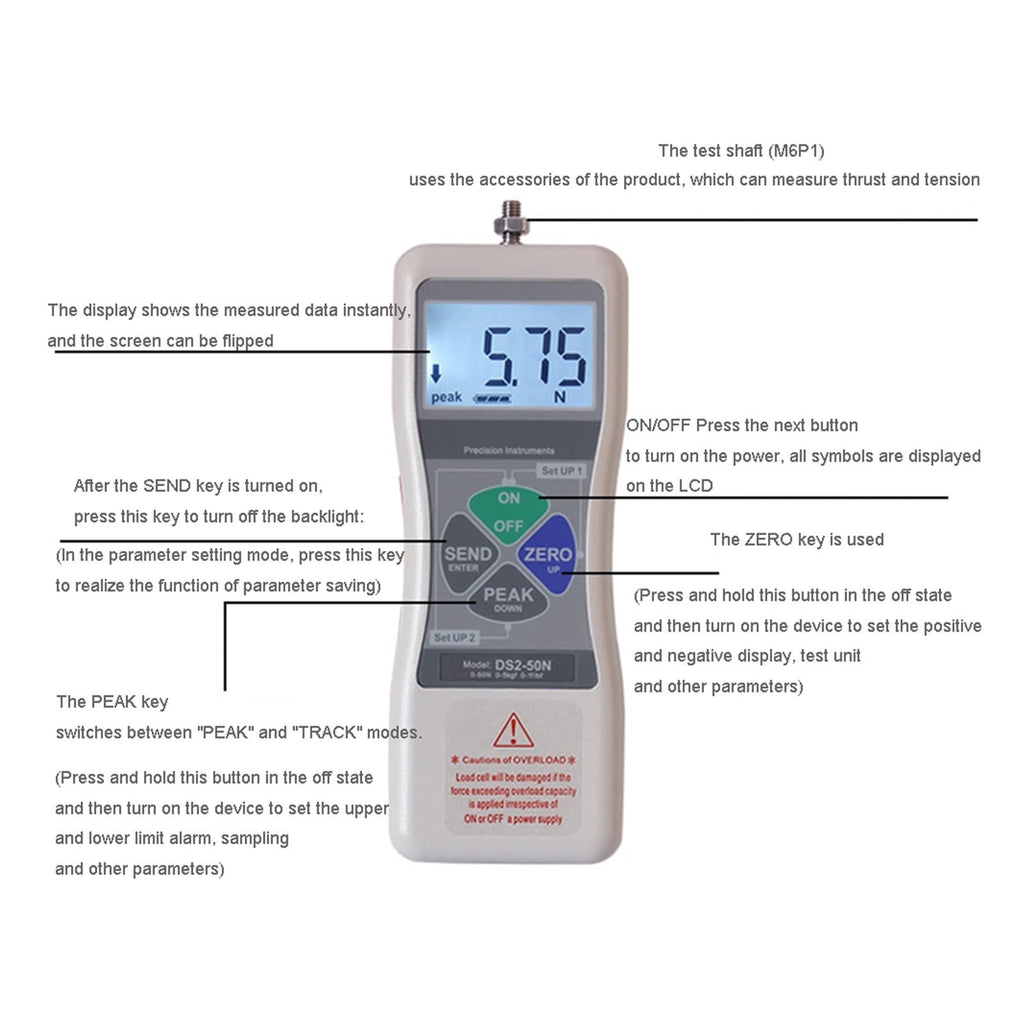 Digital Force Gauge, High Precision Digital DS2-500N 1000N Push Force Gauge Push 20N 2KGS Pull Strength Tester Small Sensor Dynamometer Quality Control & Material Testing(DS2-500N)