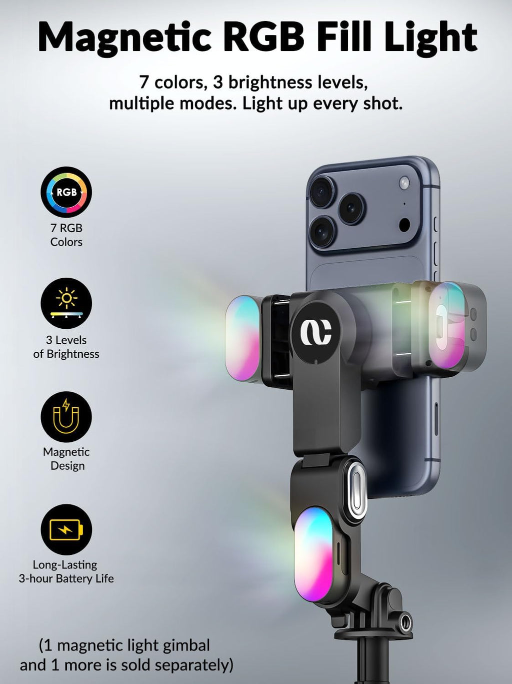 M3Pro 4-in-1 Smartphone Gimbal Stabilizer for iPhone, AI Tracking | Auto-Open Tripod, No App AI Face Tracking, RGB