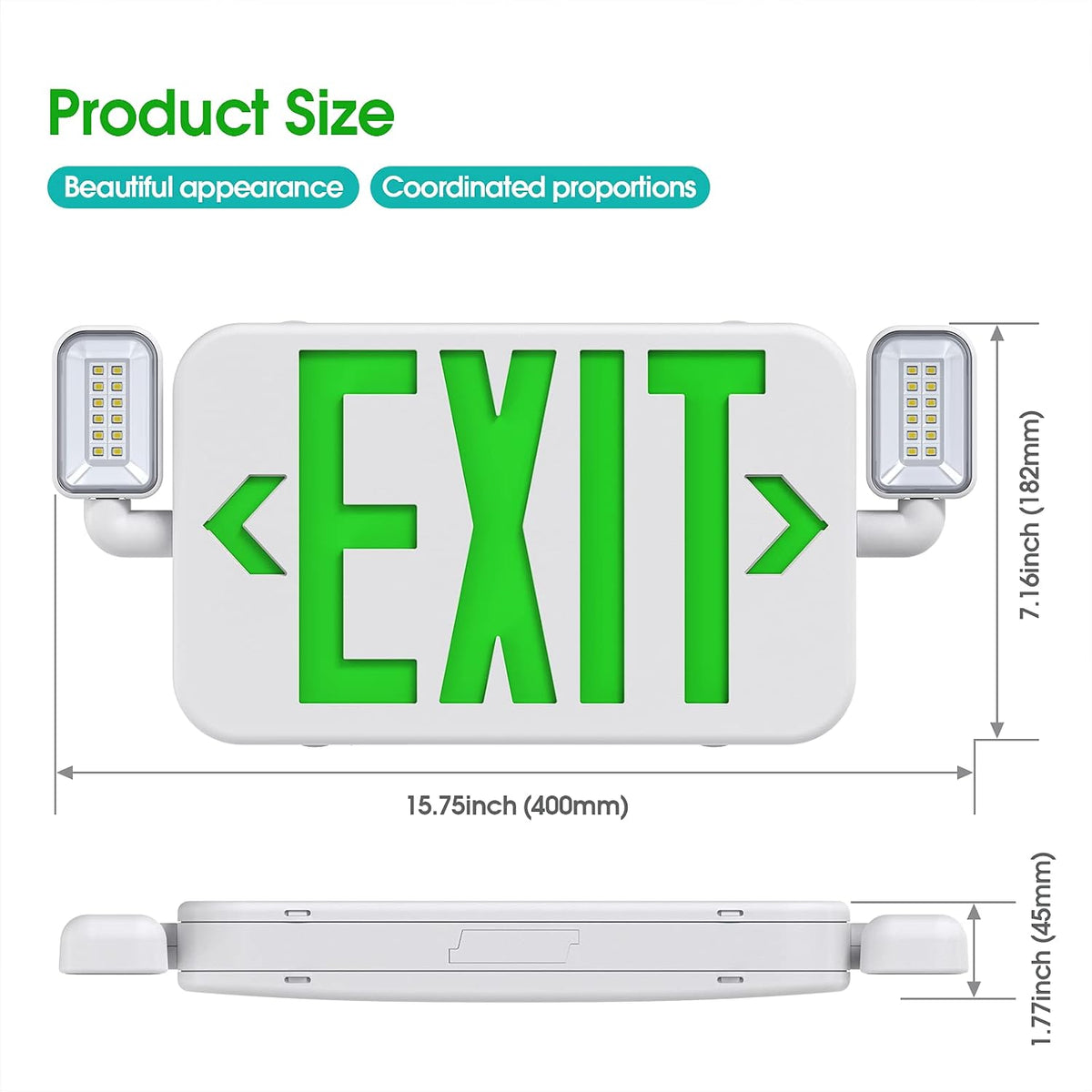 Led Combo Emergency Exit Sign Light with Two Adjustable Head Lights and Backup Battery,US Standard Green Letter