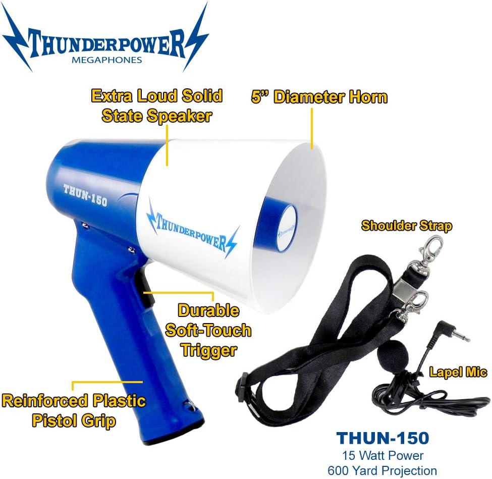 THUN150 Extra-Loud Megaphone Speaker – 600-Yard Range Bullhorn Megaphone with Siren & Voice Modes – 15W Loud Speaker