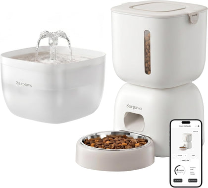 WiFi Automatic Cat Feeder and Water Fountain Set, App Control Smart Pet Food Dispenser with 304 Stainless Steel Bowl