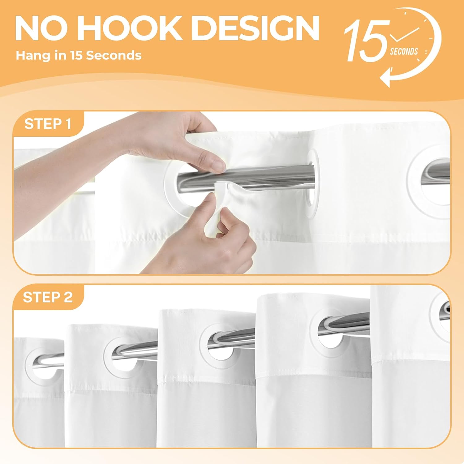 White No Hook Fabric Shower Curtain or Liner with Sheer Window | No Liner Included or Needed, One-Piece Design