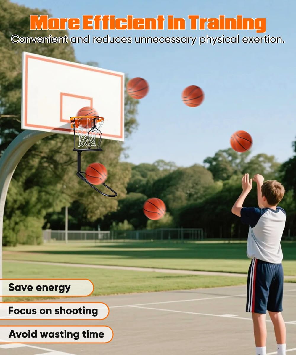 Basketball Return Attachment, 180° Rotatable Basketball Rebounder with 3 Stable Large Hooks for 18" Rim, Basketball
