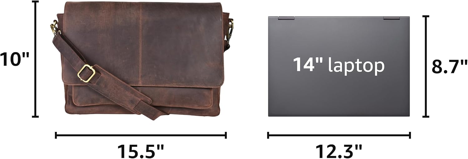 Leather Messenger Bag for Men and Women - Laptop Briefcase Bag For College, Office, Adjustable Shoulder Strap