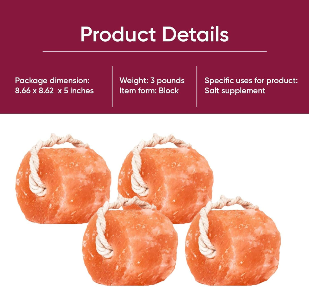 Himalayan Mineral Salt Block on Rope Pack of 4 (3lbs each) – 100% Organic Pink Salt Lick for Horses and Livestock.