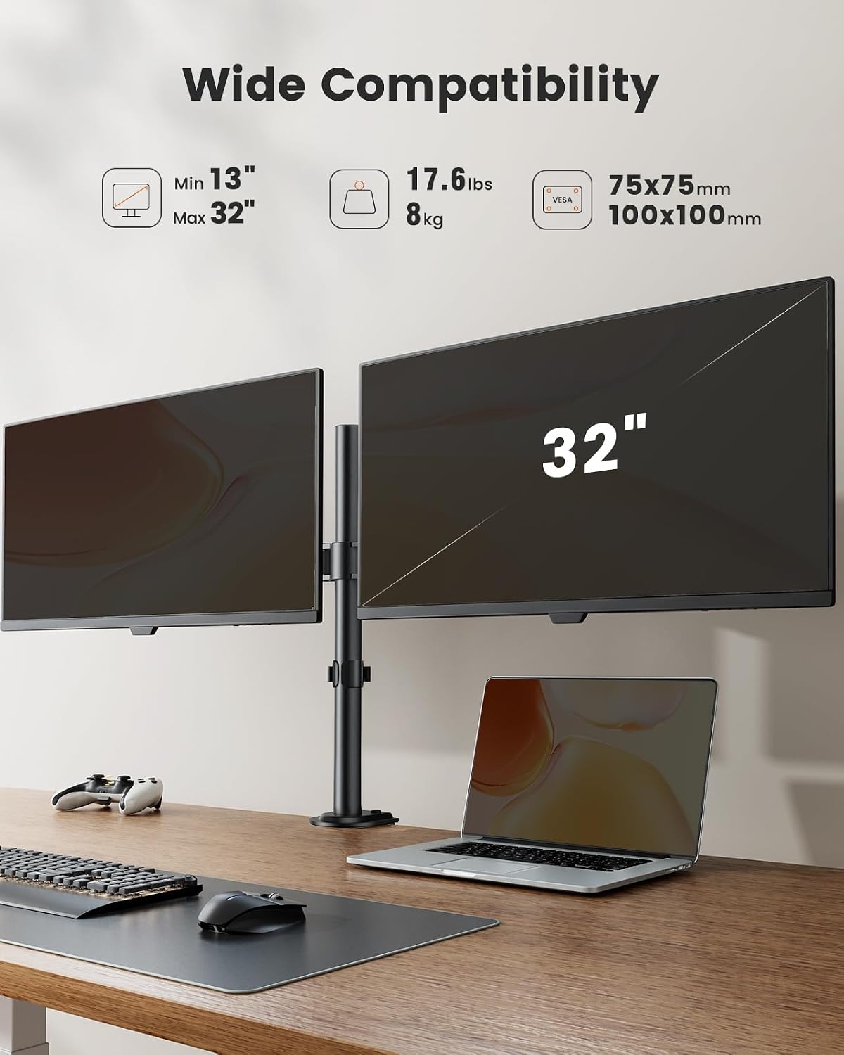 Dual Monitor Stand, Heavy Duty Adjustable Monitor Desk Mount for 2 Screens up to 32 Inches, Fully Adjustable Height