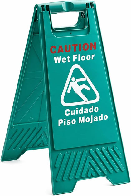 Caution Wet Floor Sign, 25 Inches, A-Frame, Green, Bilingual