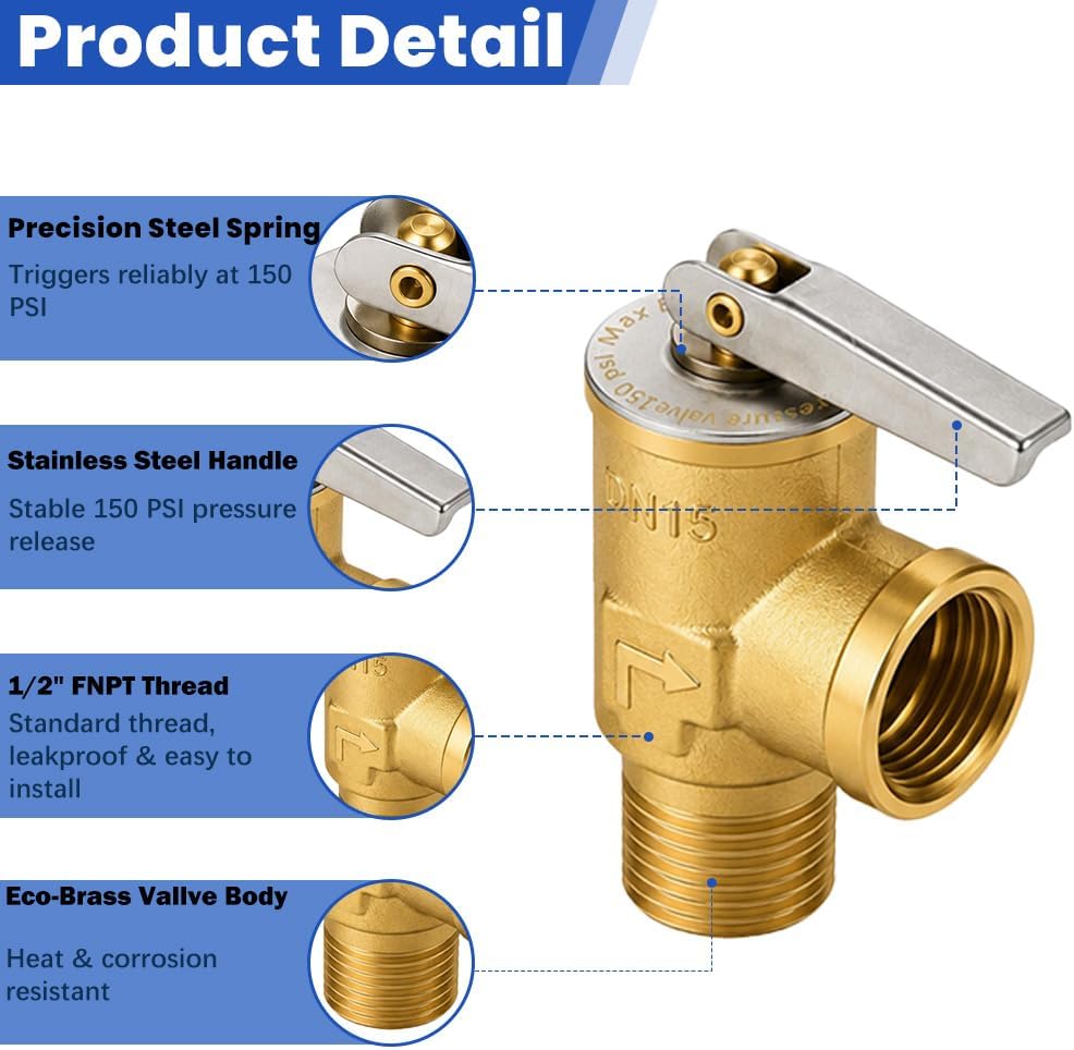 1Pack 1/2 in NPT Brass T&P Relief Valve