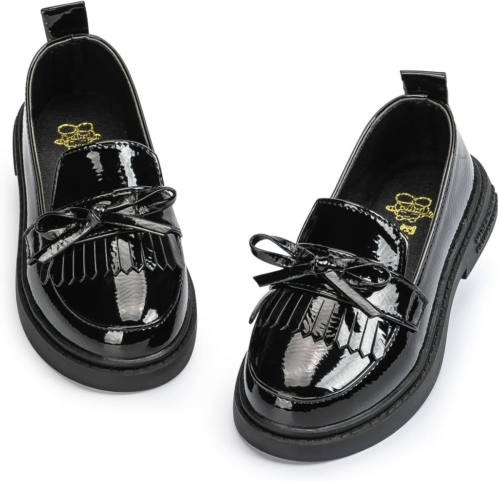 Toddler Girls Black Dress Shoes Little Girl Patent Leather Loafers School Uniform Wedding Mary Jane Tassel Bow Flats